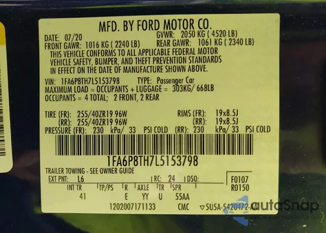 2020 Ford Mustang Ecoboost Premium Fastback из США, поврежденный, VIN 1FA6P8TH7L5153798